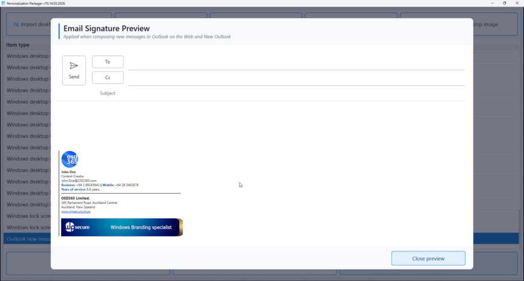 Image showing preview of Outlook Signature in the Windows Branding Tool