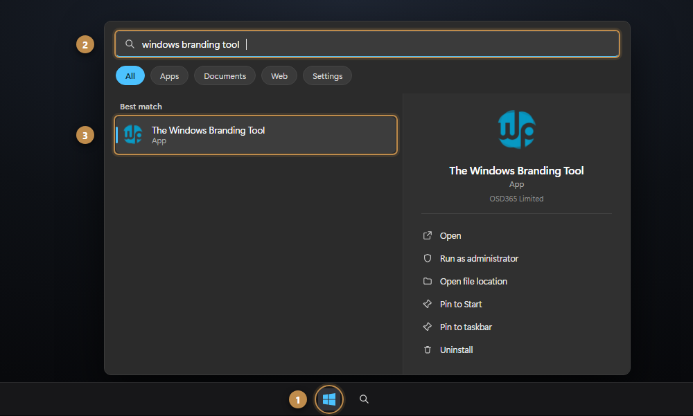 Launching The Windows Branding Tool from the Windows 11 Start menu: press Start, type the app name, then open the best match