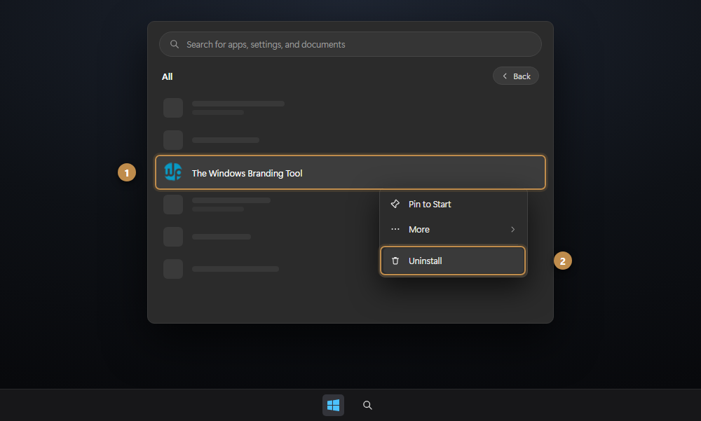 Uninstalling The Windows Branding Tool: right-click the app in the Windows 11 Start menu All apps list, then choose Uninstall